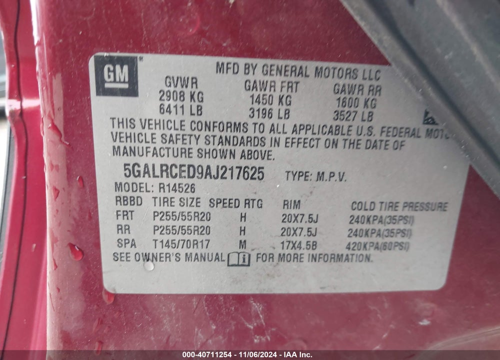 2010 BUICK ENCLAVE 2XL VIN: 5GALRCED9AJ217625