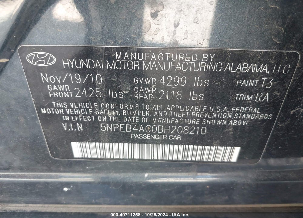 2011 HYUNDAI SONATA GLS VIN: 5NPEB4AC0BH208210