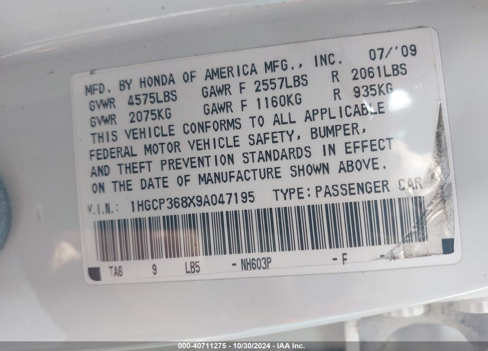 2009 HONDA ACCORD 3.5 EX-L VIN: 1HGCP368X9A047195