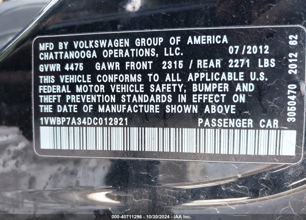2013 VOLKSWAGEN PASSAT VIN: 1VWBP7A34DC012921