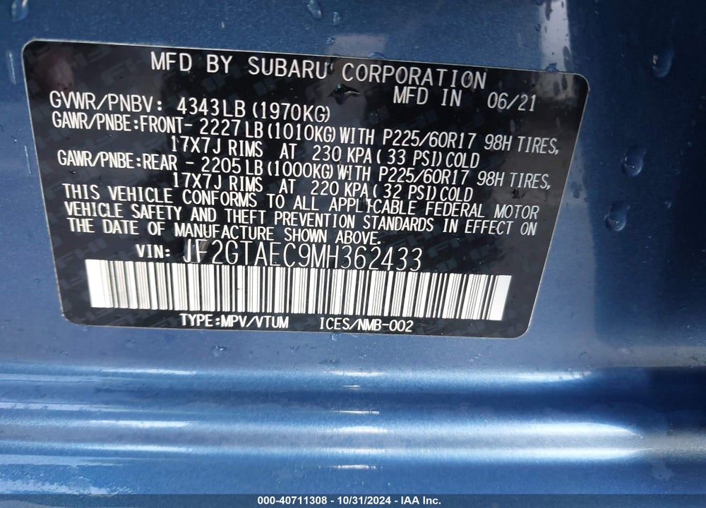 2021 SUBARU CROSSTREK PREMIUM VIN: JF2GTAEC9MH362433
