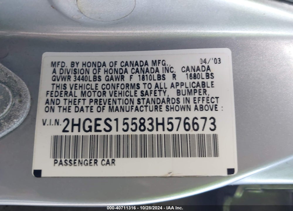 2003 HONDA CIVIC LX VIN: 2HGES15583H576673