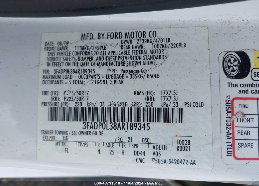 2010 FORD FUSION HYBRID VIN: 3FADP0L38AR189345