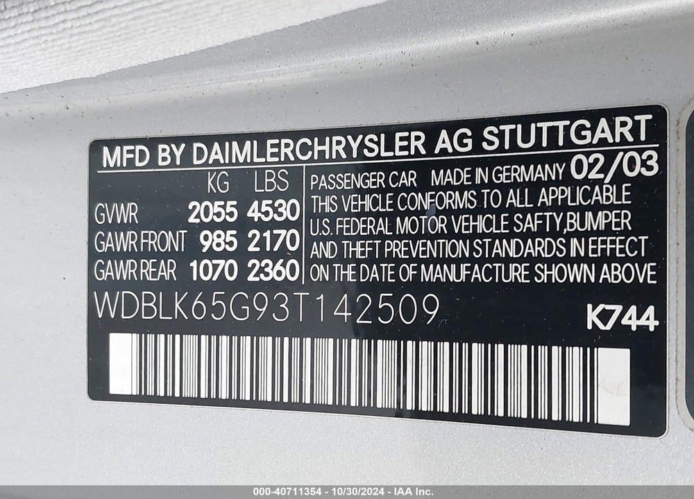 2003 MERCEDES-BENZ CLK 320 VIN: WDBLK65G93T142509