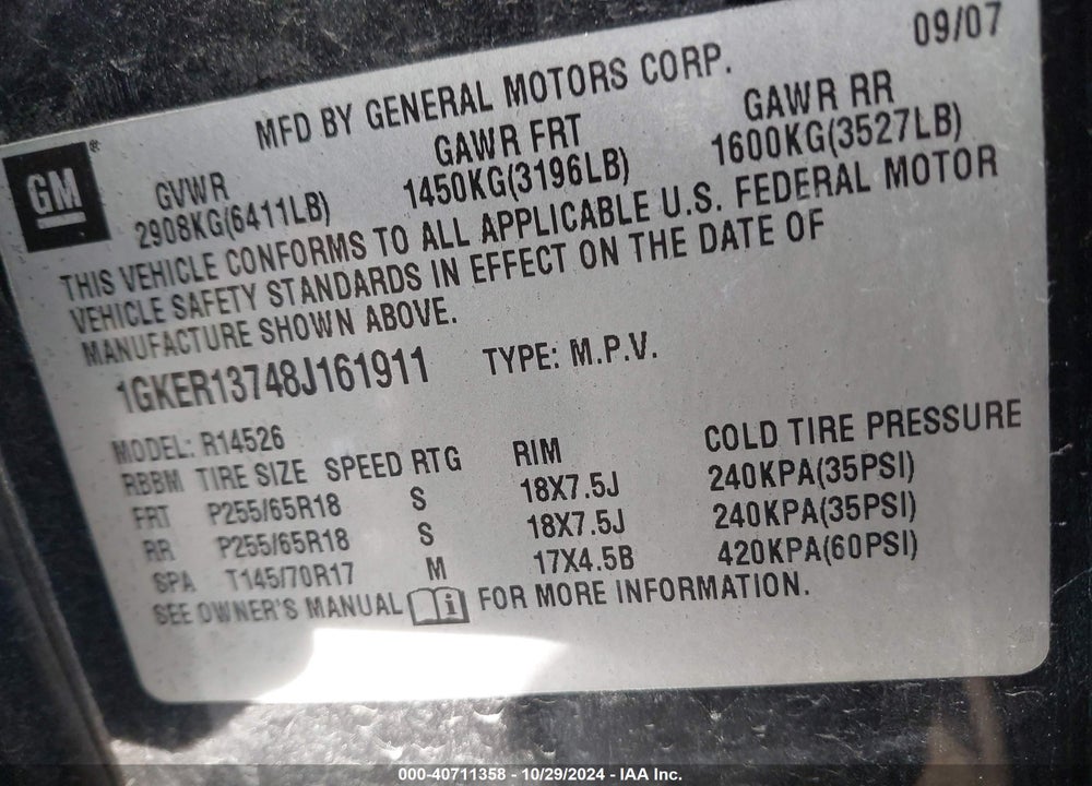 2008 GMC ACADIA SLE-1 VIN: 1GKER13748J161911
