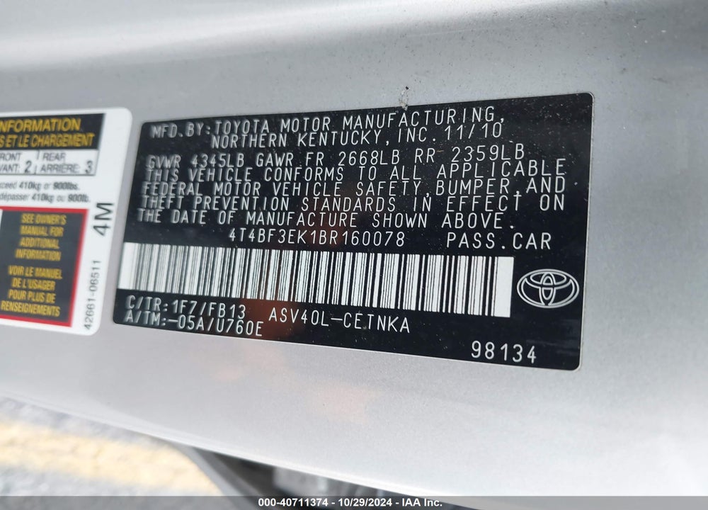 2011 TOYOTA CAMRY LE VIN: 4T4BF3EK1BR160078