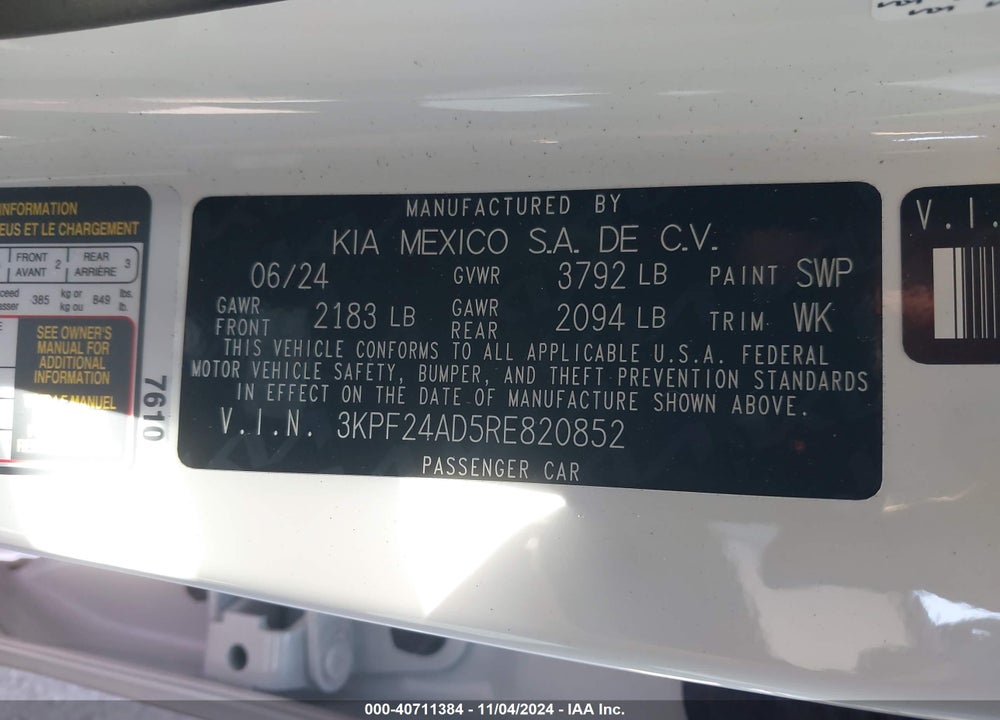2024 KIA FORTE LXS VIN: 3KPF24AD5RE820852