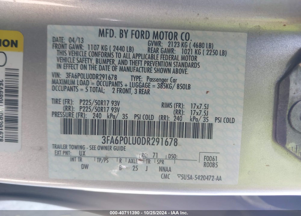 2013 FORD FUSION HYBRID SE VIN: 3FA6P0LU0DR291678