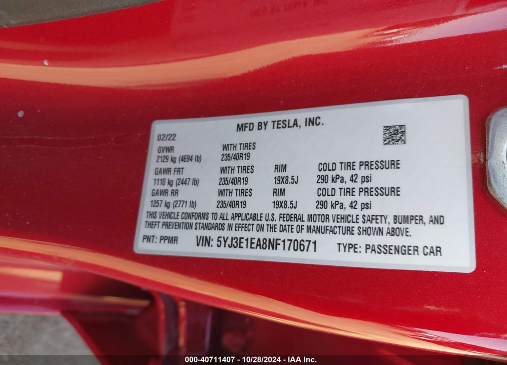 2022 TESLA MODEL 3 REAR-WHEEL DRIVE VIN: 5YJ3E1EA8NF170671