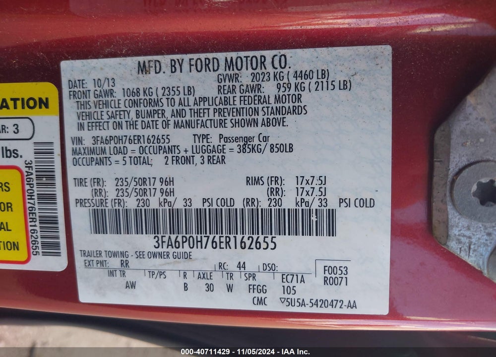 2014 FORD FUSION SE VIN: 3FA6P0H76ER162655