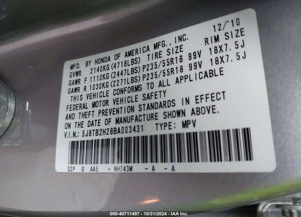 2011 ACURA RDX VIN: 5J8TB2H28BA003431
