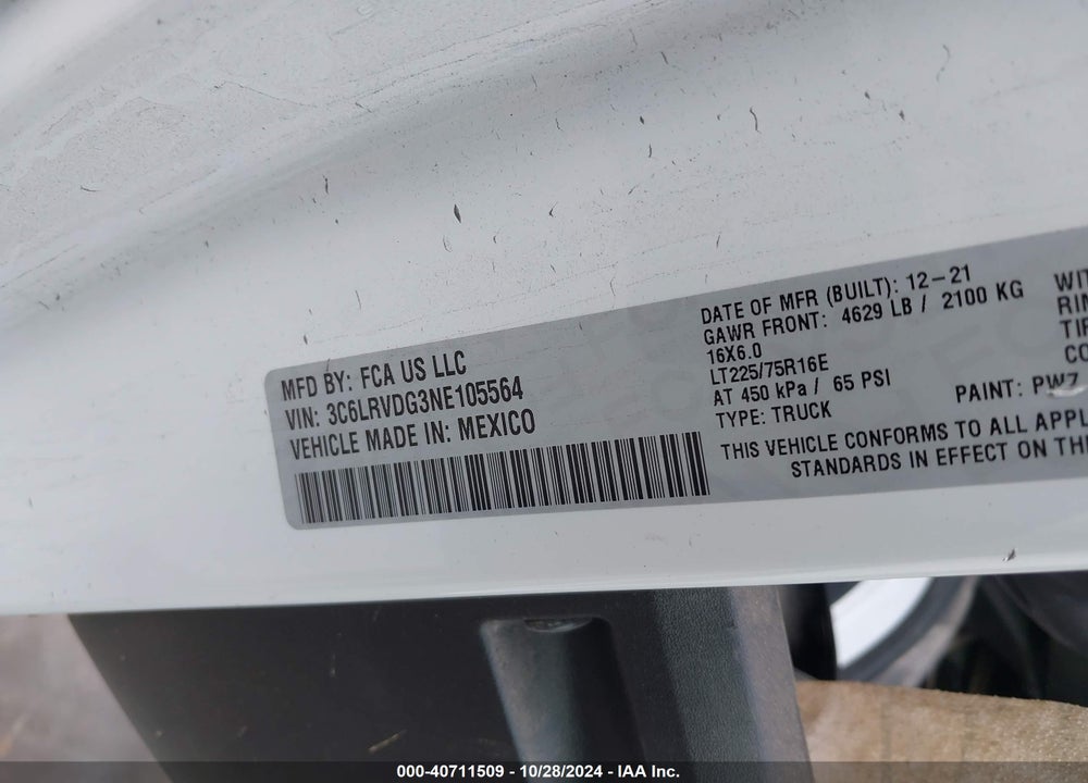 2022 RAM PROMASTER 2500 HIGH ROOF 159 WB VIN: 3C6LRVDG3NE105564