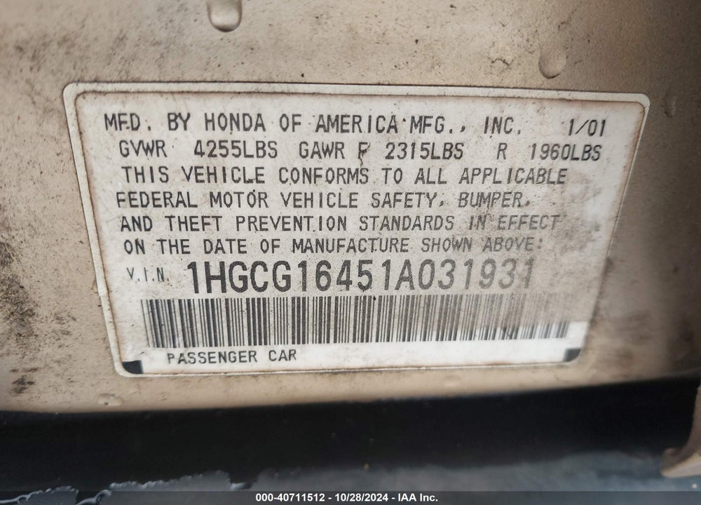 2001 HONDA ACCORD 3.0 LX VIN: 1HGCG16451A031931