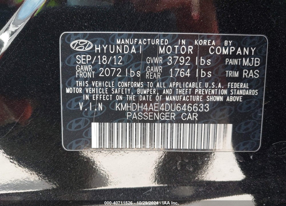 2013 HYUNDAI ELANTRA GLS VIN: KMHDH4AE4DU646633