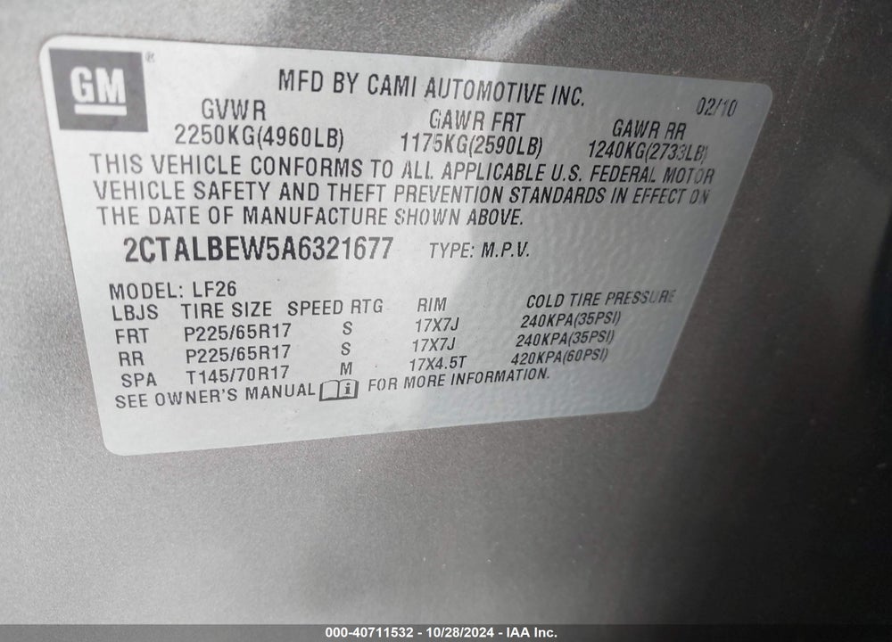 2010 GMC TERRAIN SLE-1 VIN: 2CTALBEW5A6321677