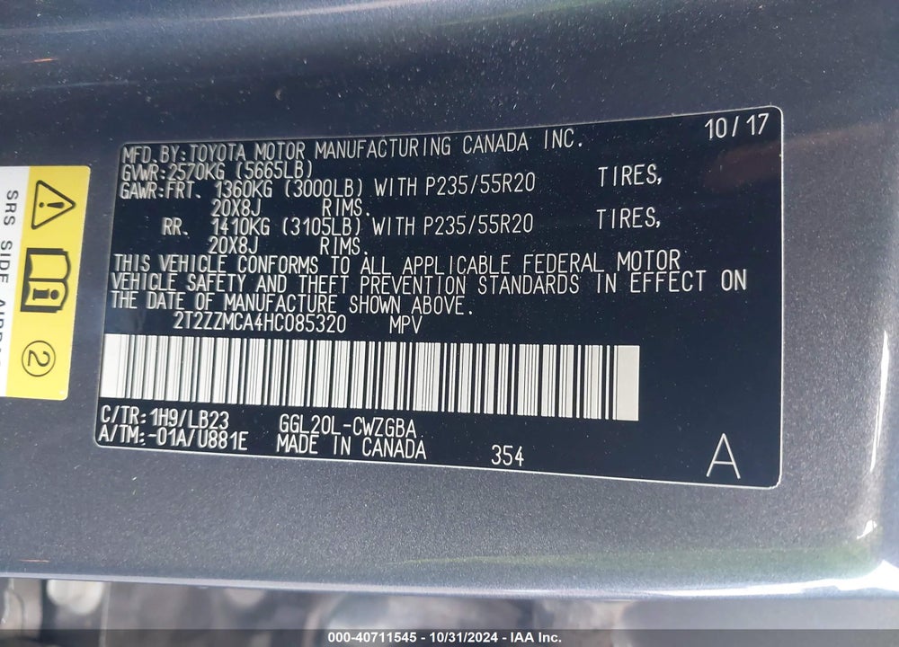 2017 LEXUS RX 350 VIN: 2T2ZZMCA4HC085320