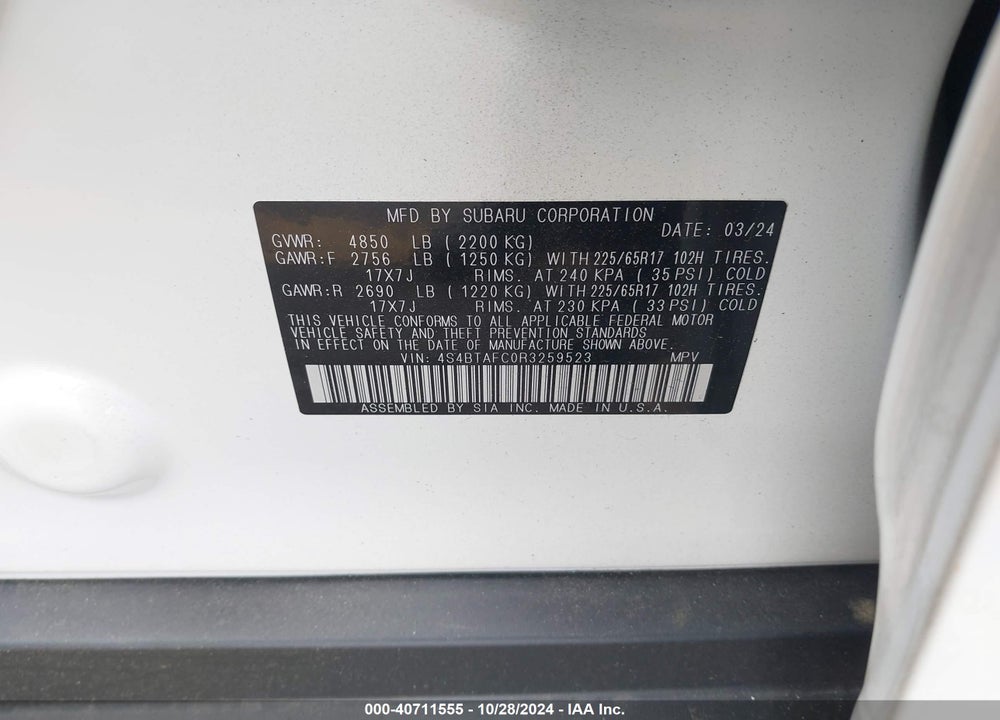 2024 SUBARU OUTBACK PREMIUM VIN: 4S4BTAFC0R3259523