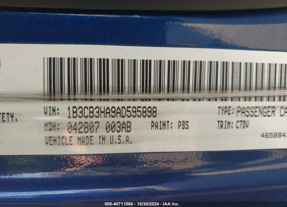 2010 DODGE CALIBER MAINSTREET VIN: 1B3CB3HA9AD595898