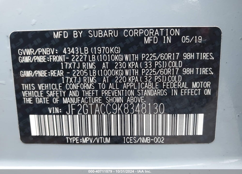 2019 SUBARU CROSSTREK 2.0I PREMIUM VIN: JF2GTACC9K8348130