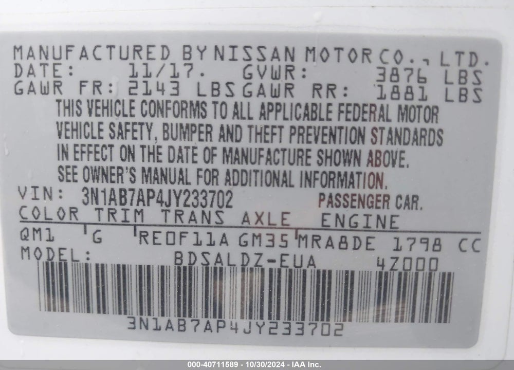 2018 NISSAN SENTRA SV VIN: 3N1AB7AP4JY233702