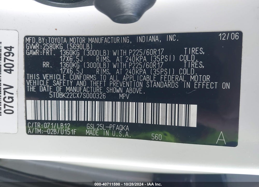 2007 TOYOTA SIENNA XLE VIN: 5TDBK22CX7S000326