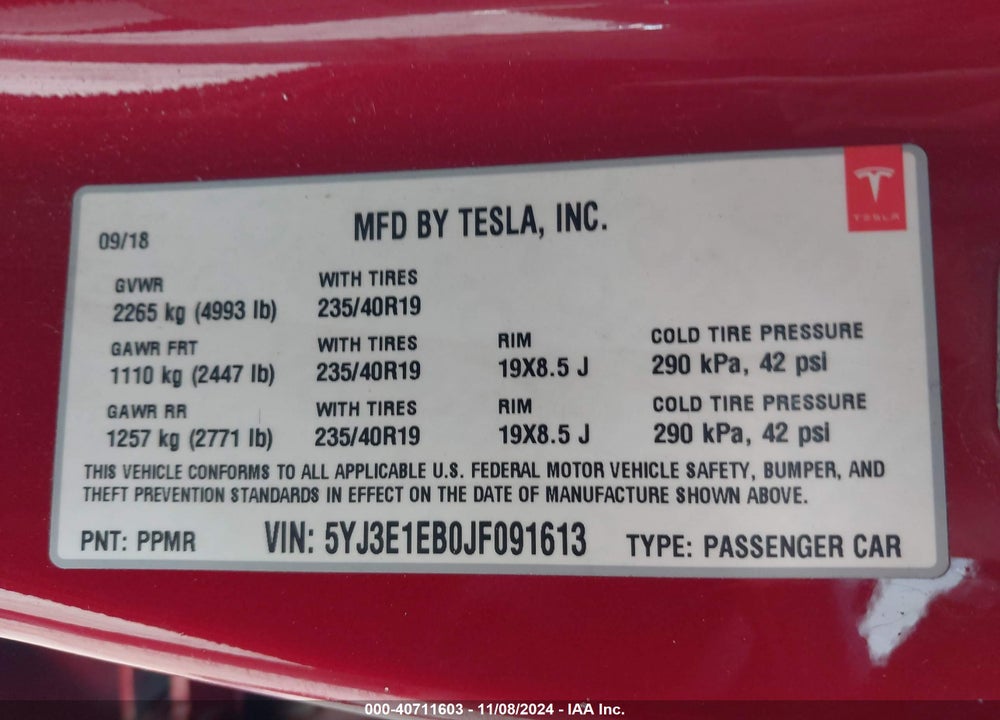 2018 TESLA MODEL 3 LONG RANGE/PERFORMANCE VIN: 5YJ3E1EB0JF091613