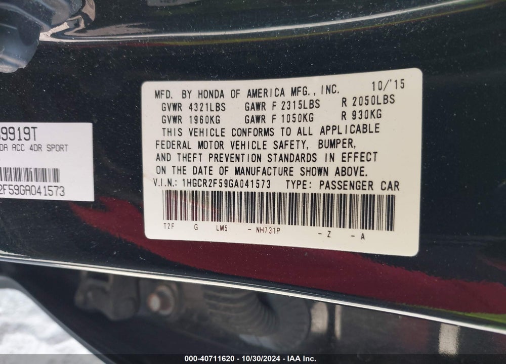2016 HONDA ACCORD SPORT VIN: 1HGCR2F59GA041573