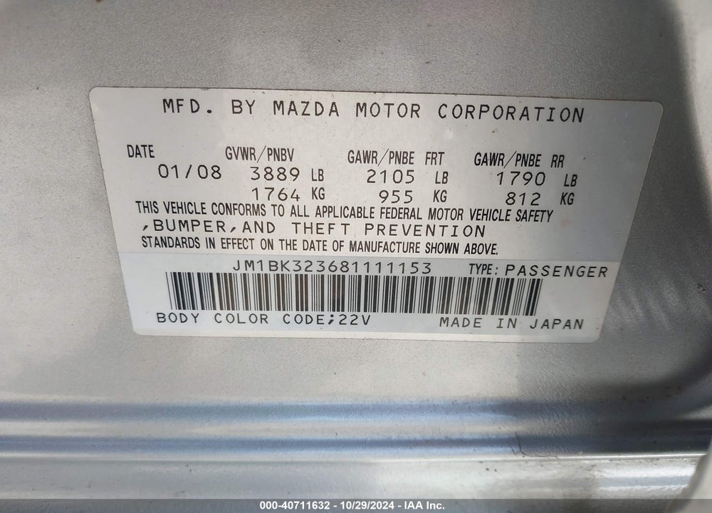 2008 MAZDA 3 S SPORT VIN: JM1BK323681111153