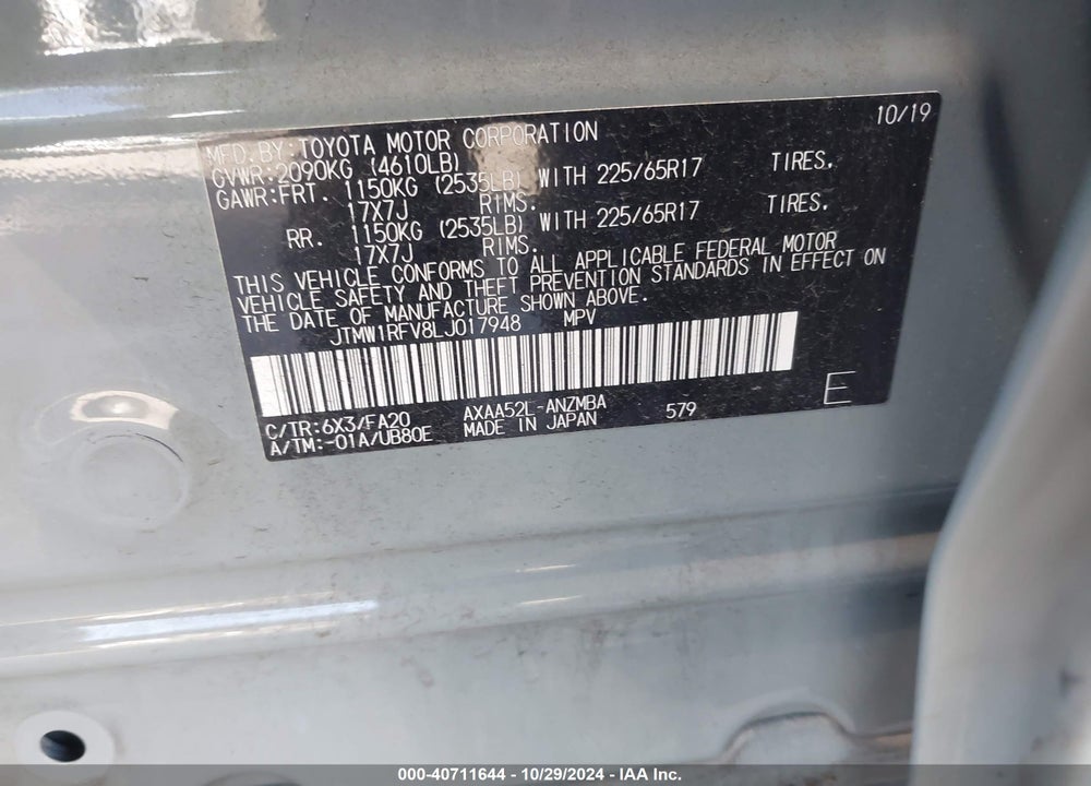 2020 TOYOTA RAV4 XLE VIN: JTMW1RFV8LJ017948