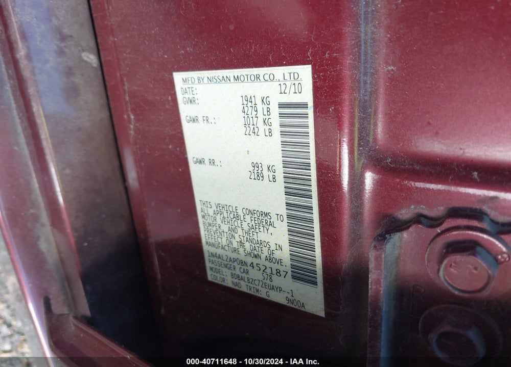 2011 NISSAN ALTIMA 2.5 S VIN: 1N4AL2AP0BN452187