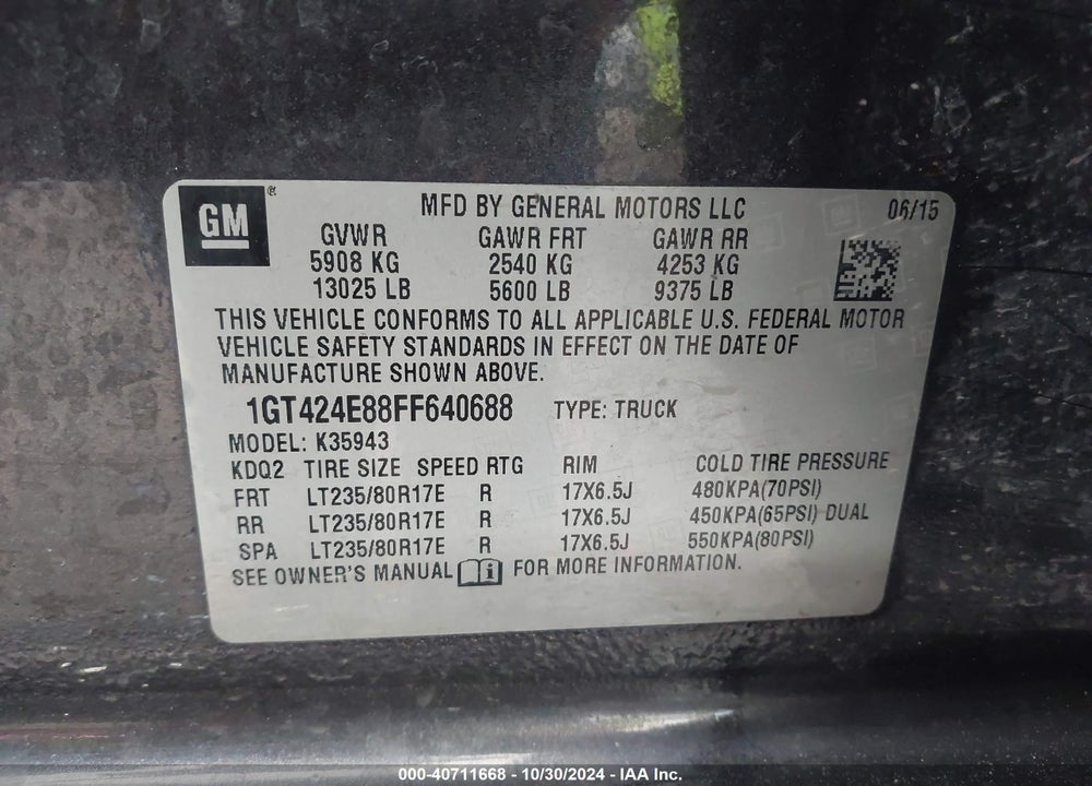 2015 GMC SIERRA 3500HD DENALI VIN: 1GT424E88FF640688