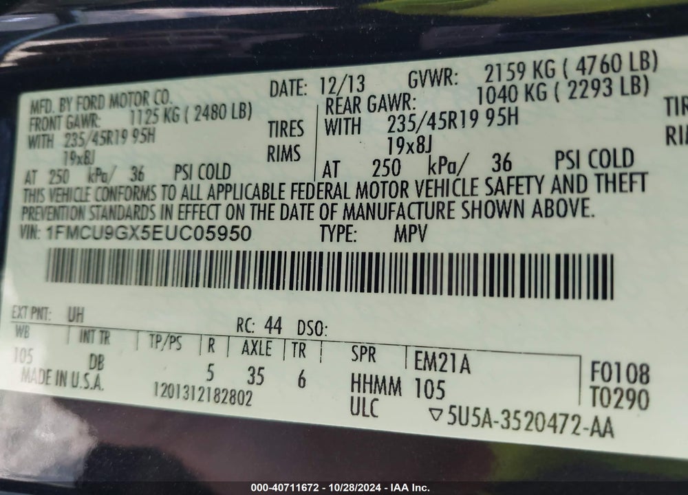 2014 FORD ESCAPE SE VIN: 1FMCU9GX5EUC05950