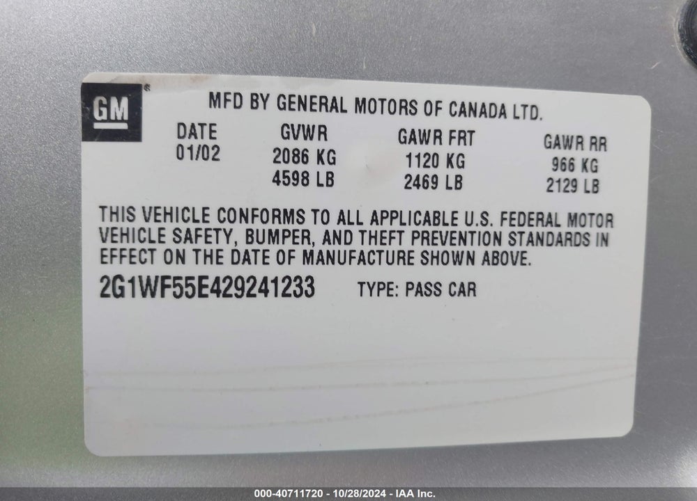 2002 CHEVROLET IMPALA VIN: 2G1WF55E429241233