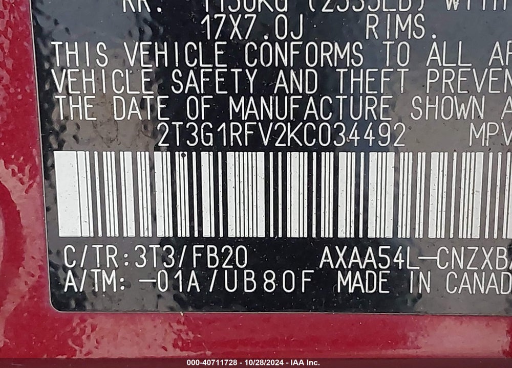 2019 TOYOTA RAV4 LE VIN: 2T3G1RFV2KC034492
