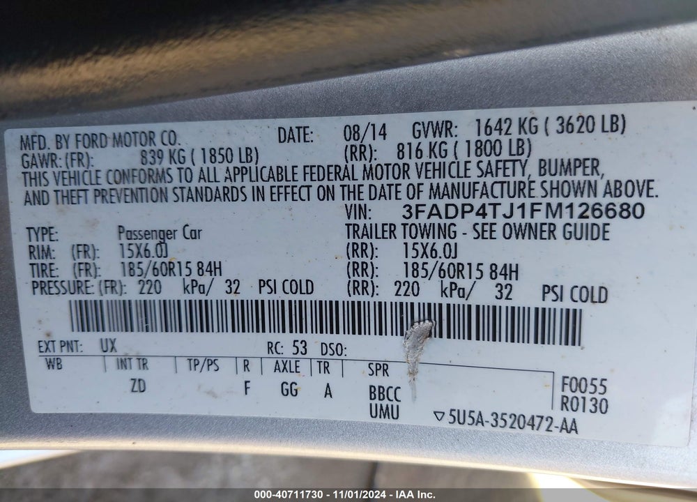 2015 FORD FIESTA S VIN: 3FADP4TJ1FM126680