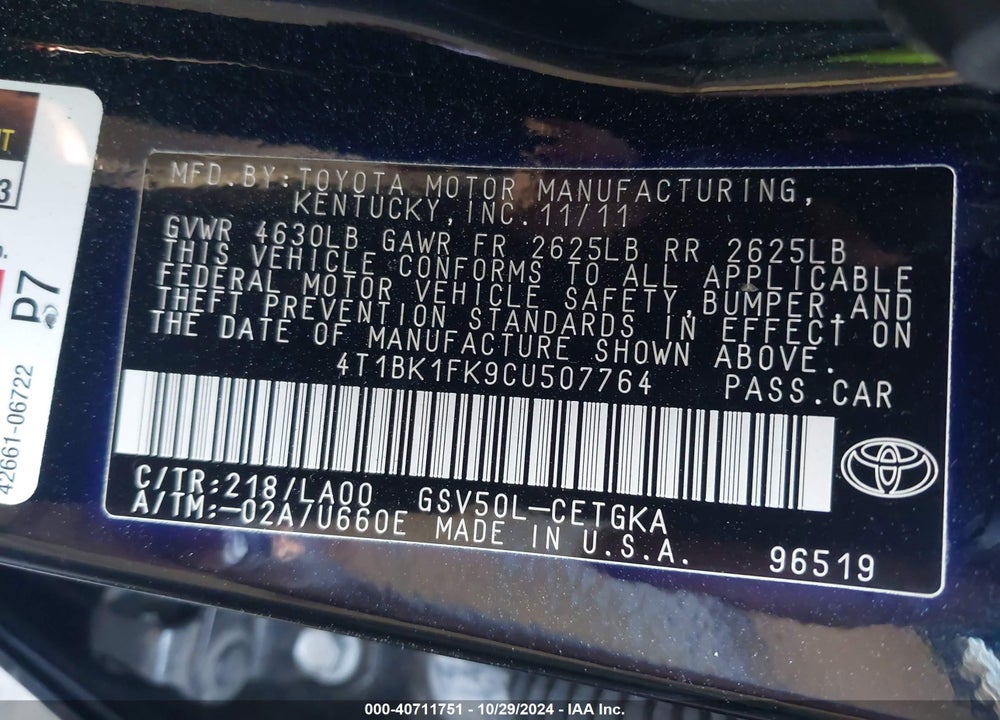 2012 TOYOTA CAMRY VIN: 4T1BK1FK9CU507764