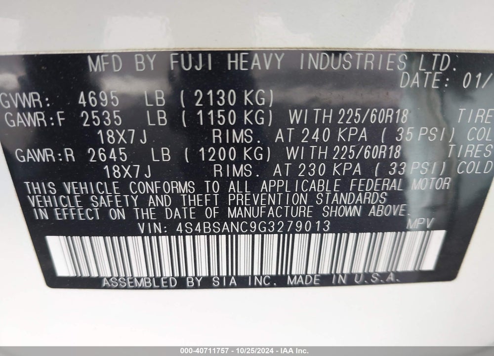 2016 SUBARU OUTBACK 2.5I LIMITED VIN: 4S4BSANC9G3279013
