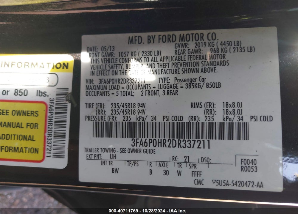 2013 FORD FUSION SE VIN: 3FA6P0HR2DR337211