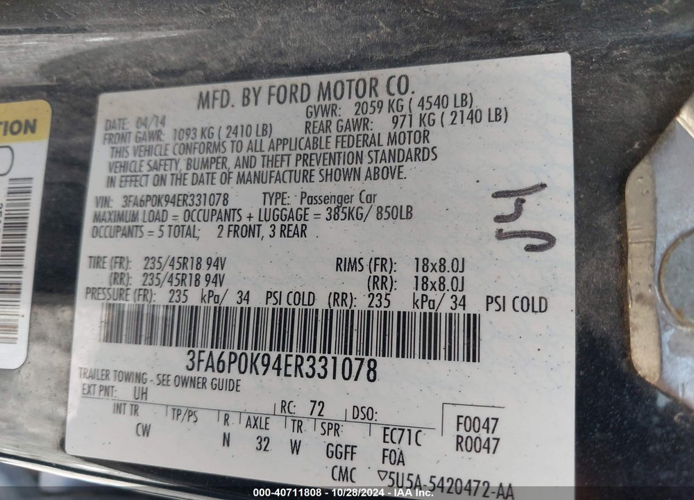2014 FORD FUSION TITANIUM VIN: 3FA6P0K94ER331078
