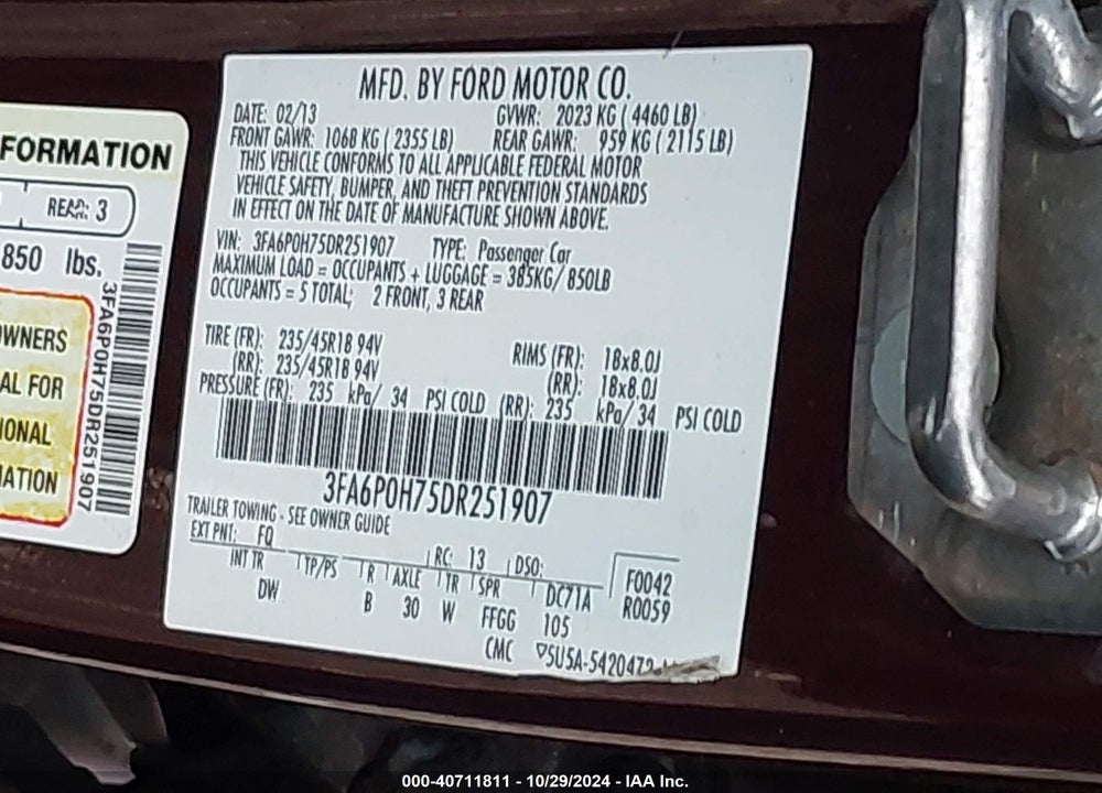 2013 FORD FUSION SE VIN: 3FA6P0H75DR251907
