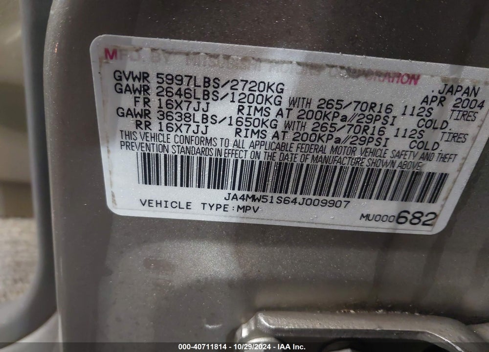 2004 MITSUBISHI MONTERO XLS VIN: JA4MW51S64J009907