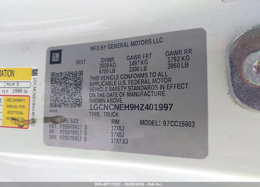 2017 CHEVROLET SILVERADO 1500 WT VIN: 1GCNCNEH9HZ401997