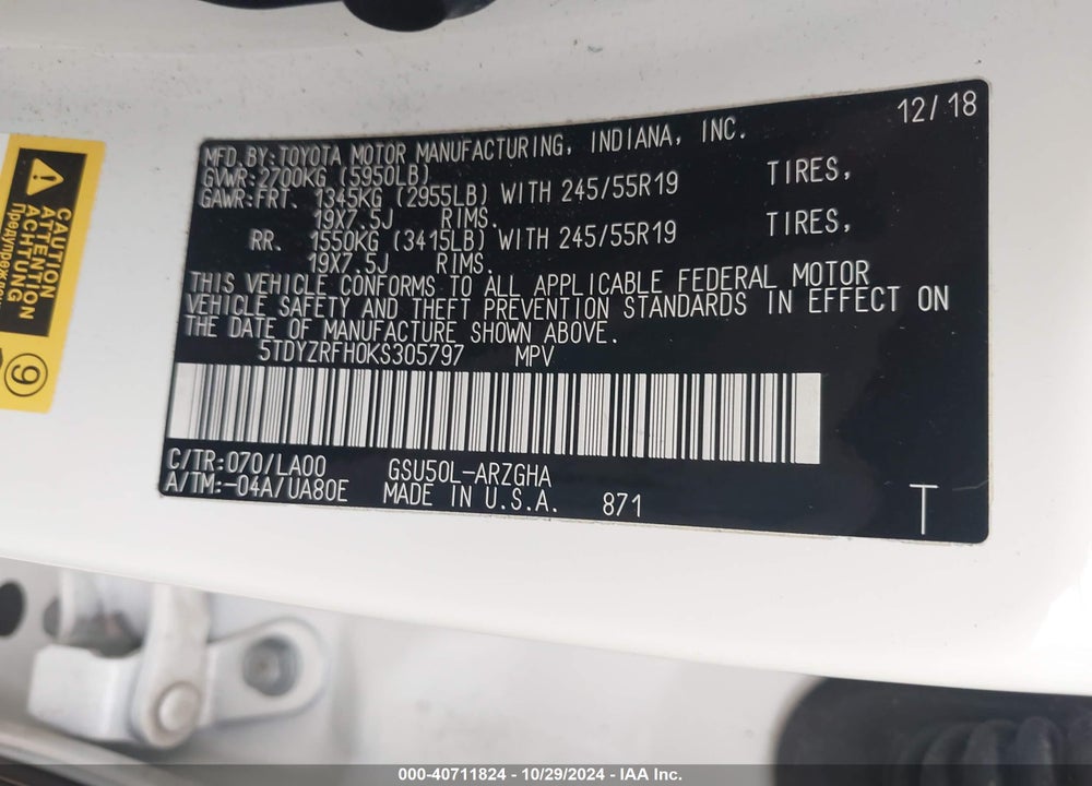 2019 TOYOTA HIGHLANDER LIMITED VIN: 5TDYZRFH0KS305797
