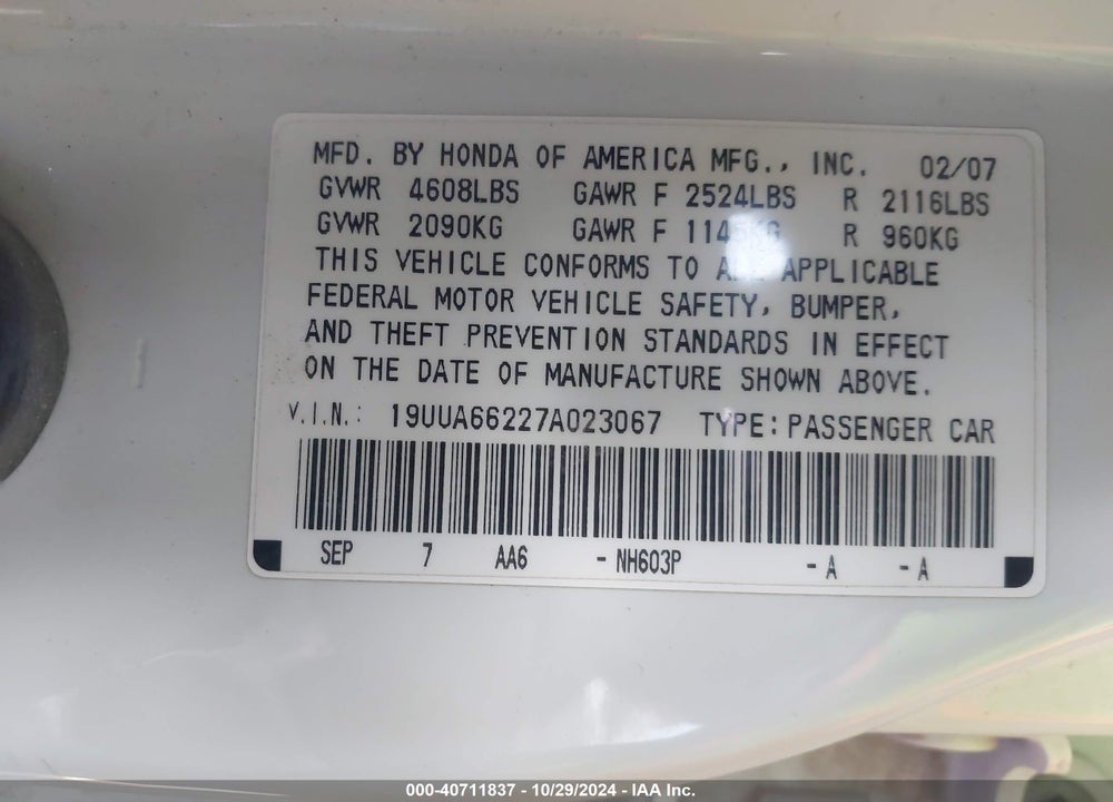2007 ACURA TL VIN: 19UUA66227A023067