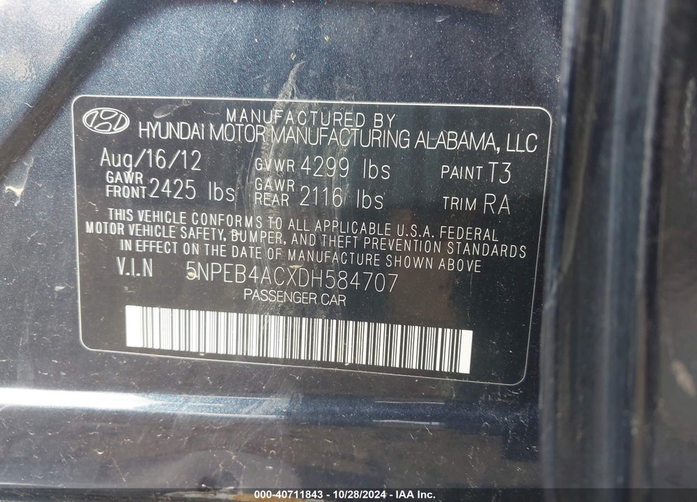 2013 HYUNDAI SONATA GLS VIN: 5NPEB4ACXDH584707
