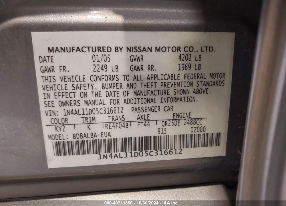 2005 NISSAN ALTIMA 2.5 S VIN: 1N4AL11D05C316612