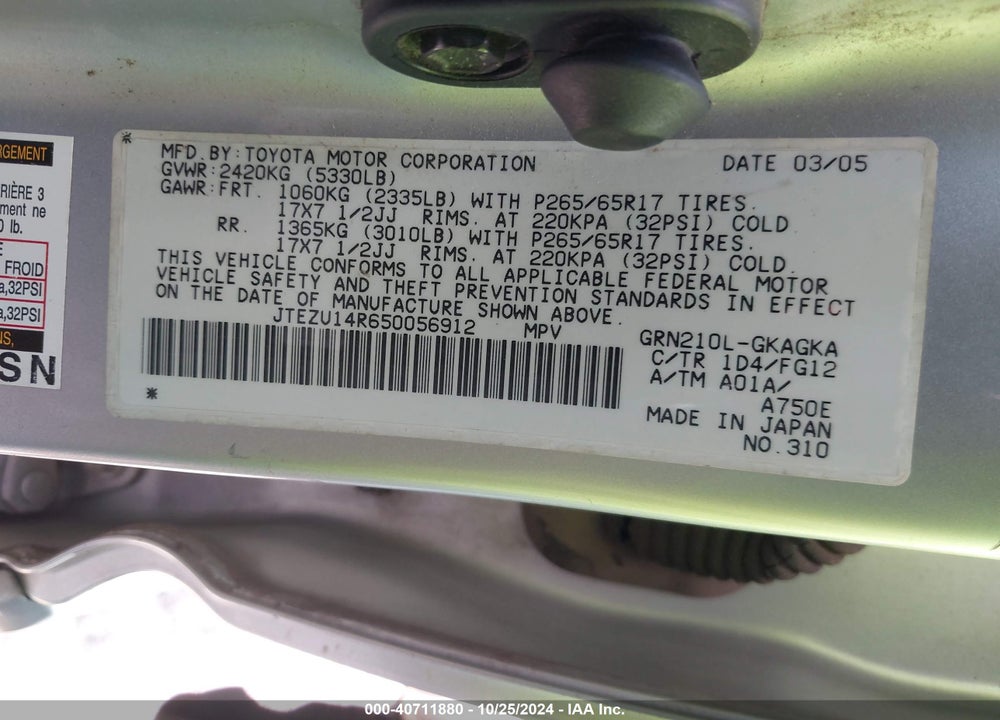 2005 TOYOTA 4RUNNER SR5 V6 VIN: JTEZU14R650056912