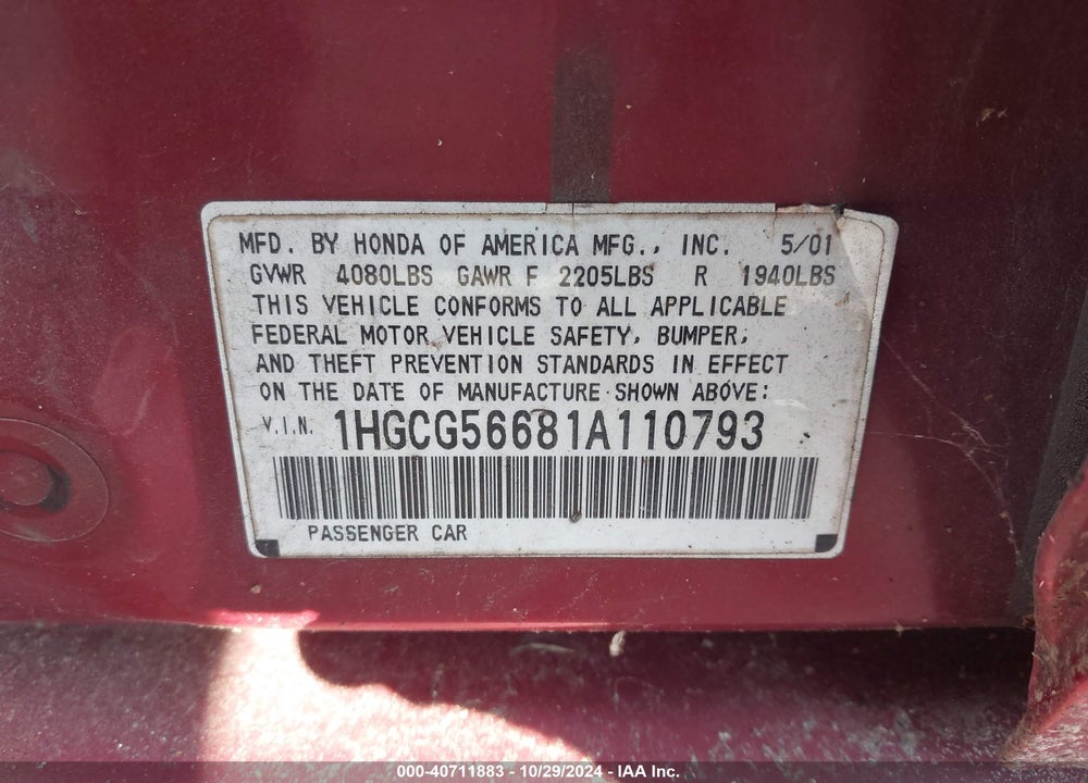 2001 HONDA ACCORD 2.3 EX VIN: 1HGCG56681A110793