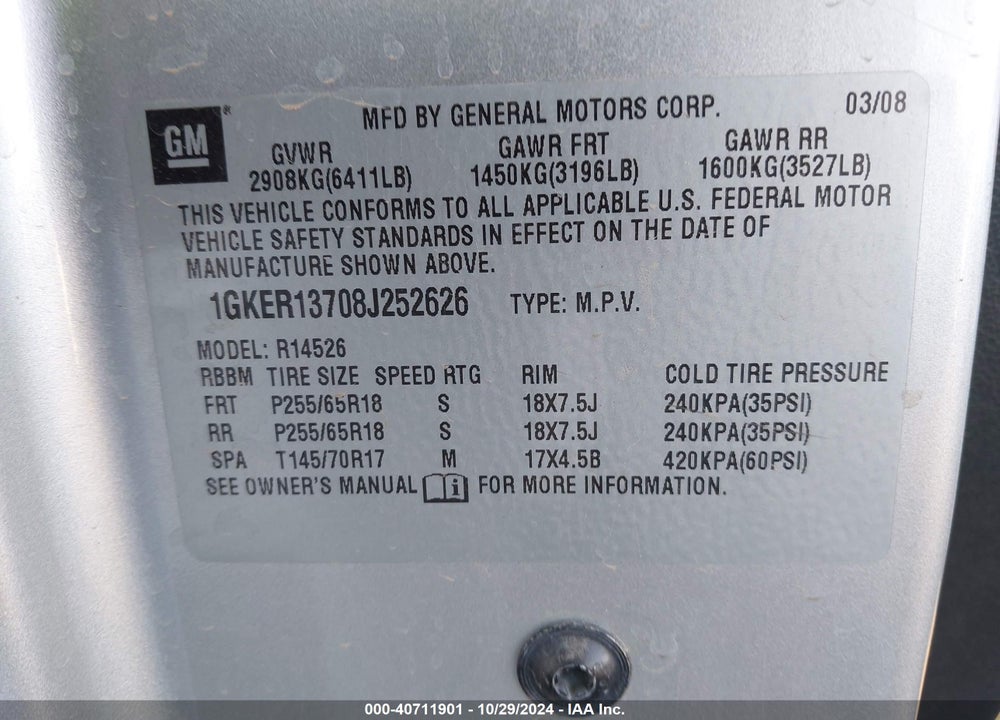 2008 GMC ACADIA SLE-1 VIN: 1GKER13708J252626