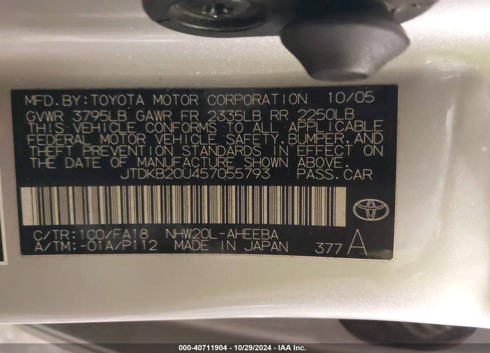 2005 TOYOTA PRIUS VIN: JTDKB20U457055793